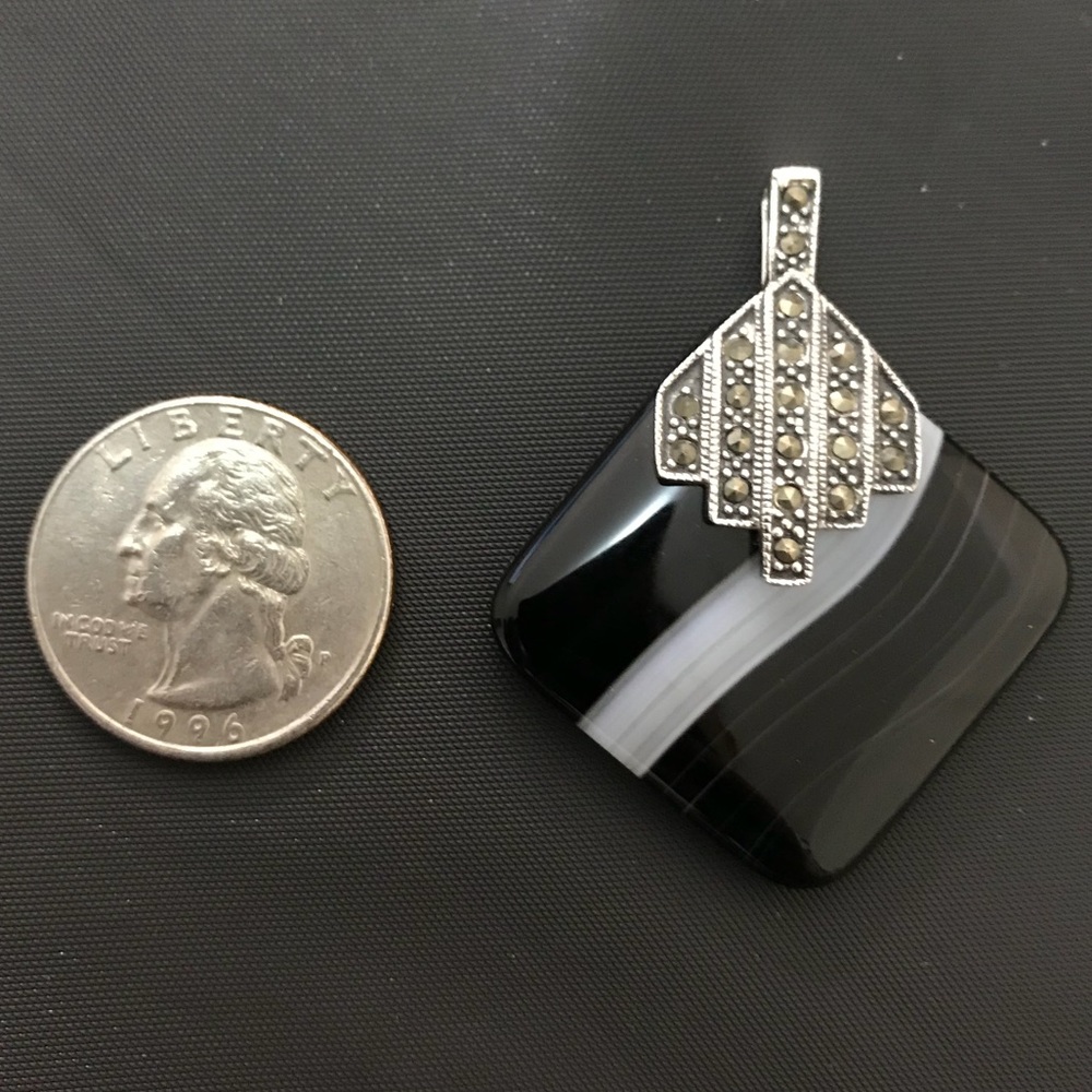 Silver Square Pendant with Black Onyx & Marcasite